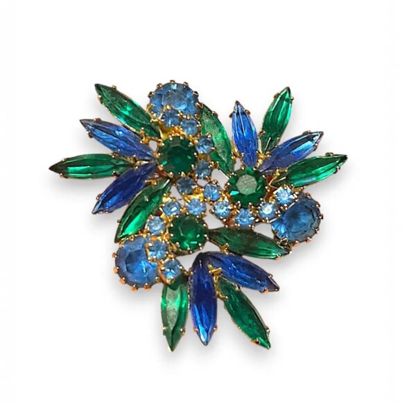 Vintage Blue Green Rhinestone Brooch Mid Century Statement Pin - Picture 3 of 6